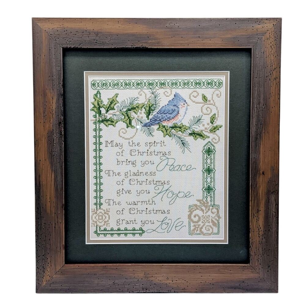 Wood Framed Under Glass Green Mat Blue Bird Christmas Prayer Cross Stitch